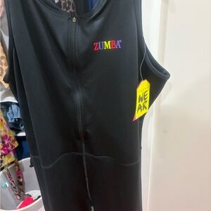 Zumba Fitness Black Sleeveless Zip-Front Jumpsuit with Rainbow Logo